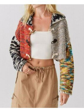 BDG Urban Outfitters Colorful Patchwork Knit Cropped Toggle Cardigan Sweater S-P
